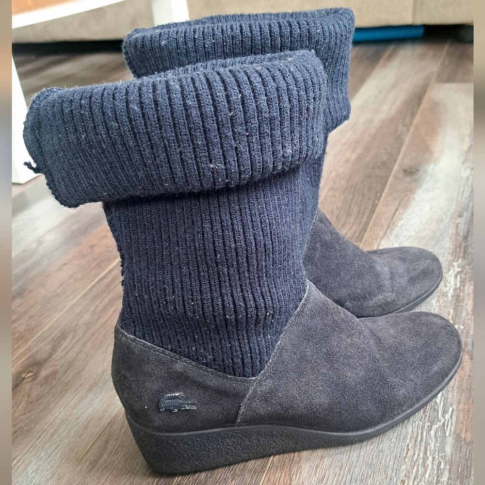 Lacoste Paris Suede Navy Knit Boots